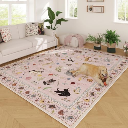 Large Area Rug 8x10 Washable Non Slip Floral Animal Cat, Pink — 8'x10'