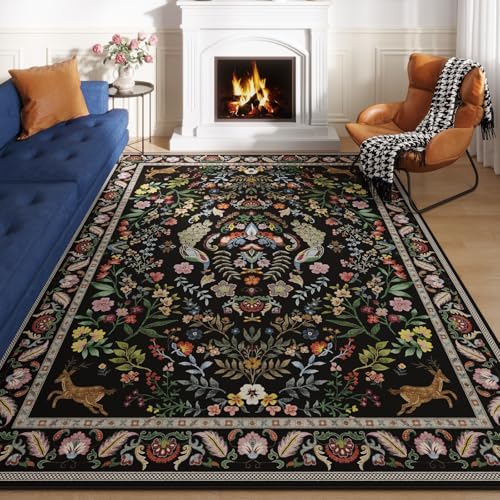 Area Rug 6x9 for Living Room Floral Washable, Vibrant Black — 6'x9'