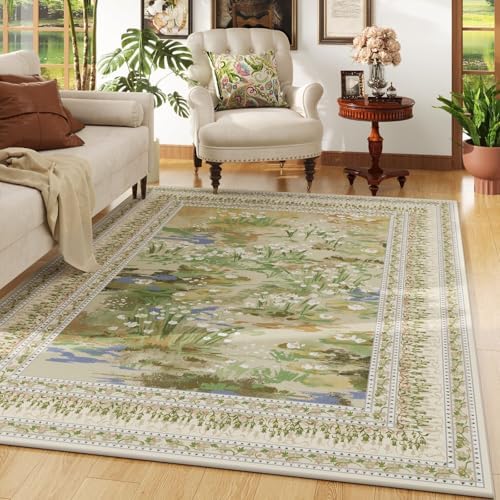 Large Living Room Rug 8x10 Washable Non Slip Vintage, Beige — 8'x10'