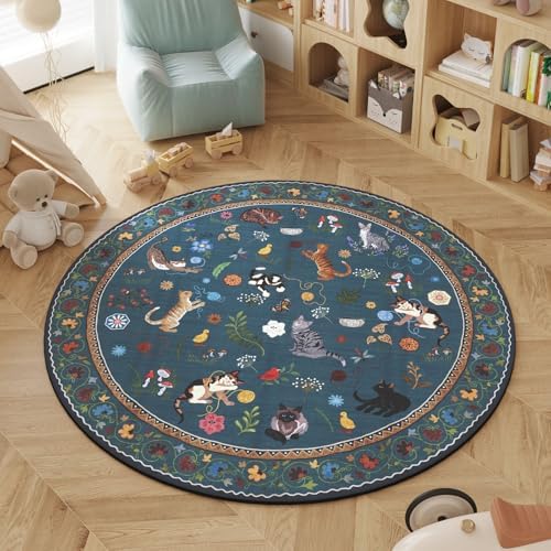 Round Area Rug 4ft Washable Non Slip Animal Cat, Pearl Gentian Blue — Round 4 ft