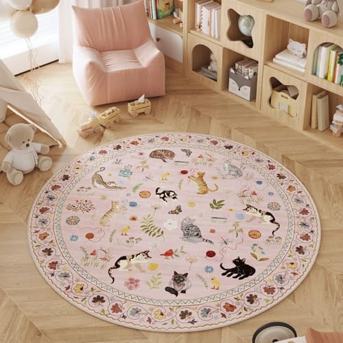 Round Area Rug 4ft Washable Non Slip Floral Animal Cat, Pink — Round 4 ft