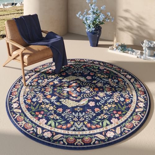 Round Area Rug 6ft Floral Washable Non Slip, Blue — Round 6 ft