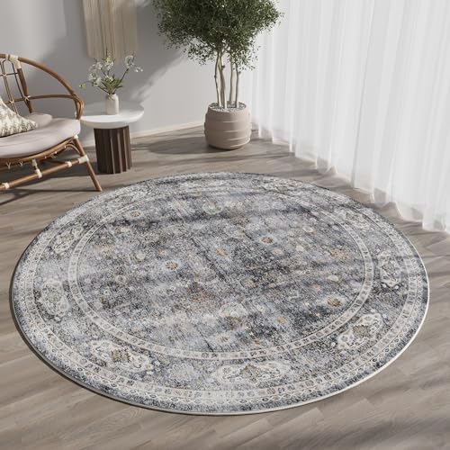 Round Area Rug 4ft Washable Vintage Non Slip, Grey — Round 4 ft