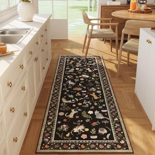 Runner Rug 2'7"x8' Washable Non Slip Floral Animal Cat, Black — 2'7"x8'