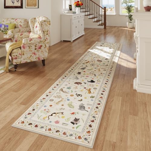 Runner Rug 2x10 Washable Non Slip Floral Animal Cat, Beige — 2'x10'