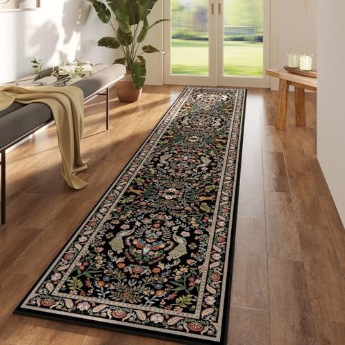 Runner Rug 2x10 Floral Washable Non Slip, Vibrant Black — 2'x10'