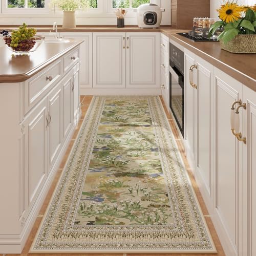 Runner Rug 2x6 Washable Non Slip Vintage Impressionist-Style, Beige — 2'x6'