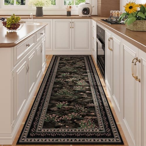 Runner Rug 2x6 Washable Non Slip Vintage Impressionist-Style, Black — 2'x6'