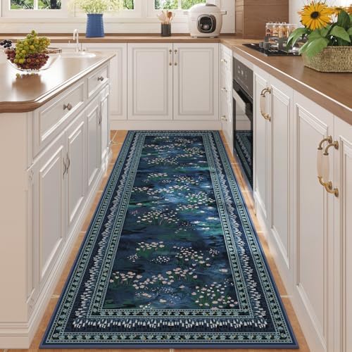 Runner Rug 2'7"x8' Washable Vintage Impressionist-Style, Blue — 2'7"x8'