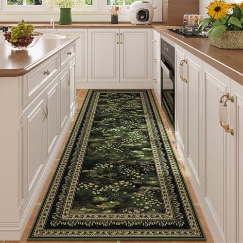 Runner Rug 2x6 Washable Non Slip Vintage Impressionist-Style, Green — 2'x6'
