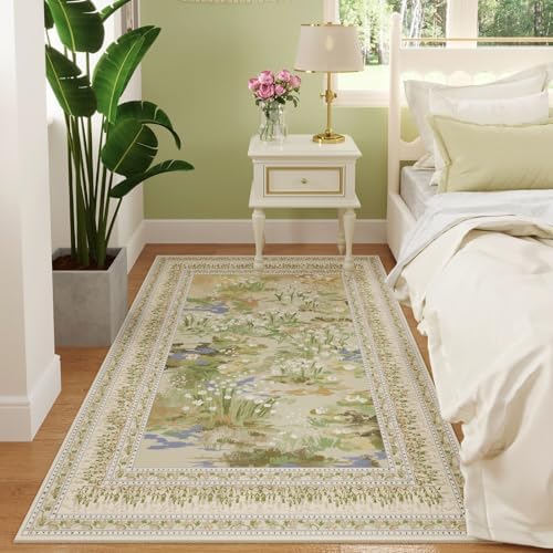 Area Rug 3x5 Washable Non Slip Vintage Impressionist-Style, Beige — 3'x5'